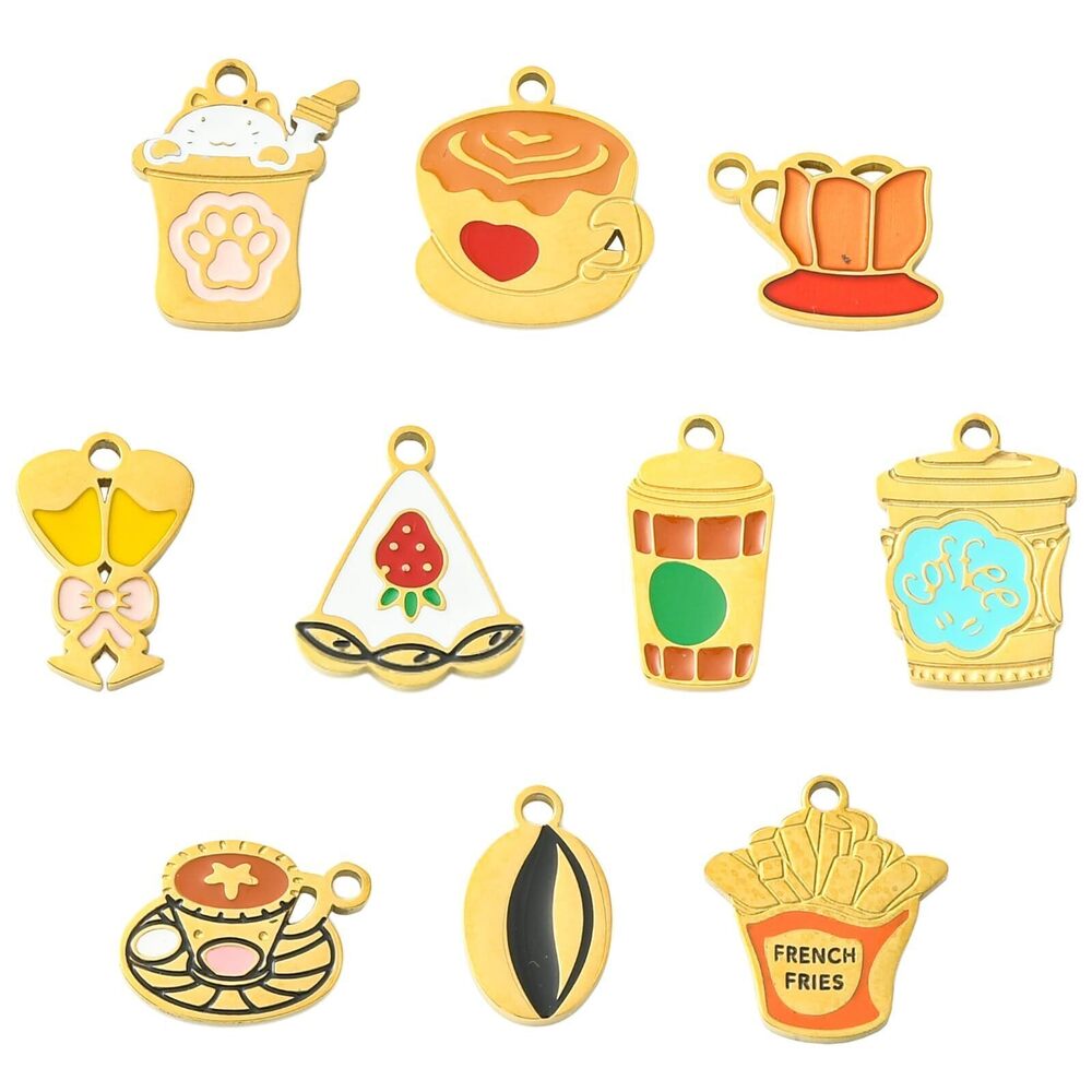7002 Stainless Steel Coffee Cup Pendant 10 Styles Enamel Food Drink Charms